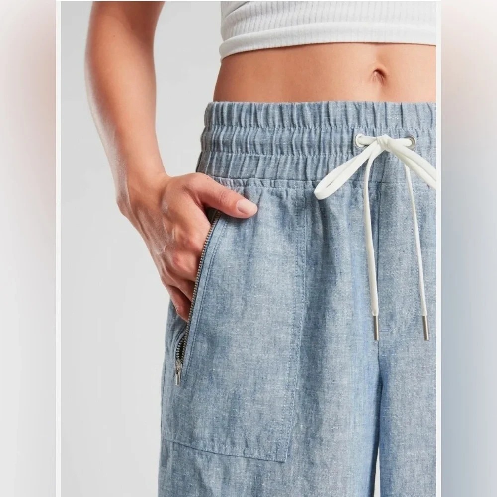 Athleta Cabo Linen Wide Leg Pants Chambray Blue Resort Beach Zip Pockets Size 4 - Picture 3 of 15